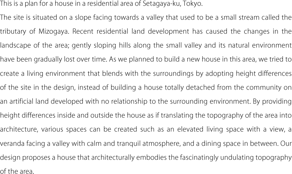This is a plan for a house in a residential area of Setagaya-ku, Tokyo. The site is situated on a slope facing towards a valley that used to be a small stream called the tributary of Mizogaya. Recent residential land development has caused the changes in the landscape of the area; gently sloping hills along the small valley and its natural environment have been gradually lost over time. As we planned to build a new house in this area, we tried to create a living environment that blends with the surroundings by adopting height differences of the site in the design, instead of building a house totally detached from the community on an artificial land developed with no relationship to the surrounding environment. By providing height differences inside and outside the house as if translating the topography of the area into architecture, various spaces can be created such as an elevated living space with a view, a veranda facing a valley with calm and tranquil atmosphere, and a dining space in between. Our design proposes a house that architecturally embodies the fascinatingly undulating topography of the area. 