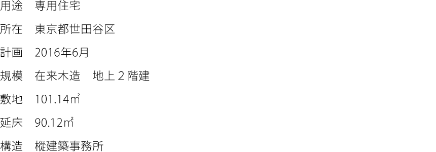 用途:専用住宅　所在:東京都世田谷区　計画:2016年6月　規模:在来木造　地上２階建　敷地:101.14㎡　延床:90.12㎡　構造:樅建築事務所