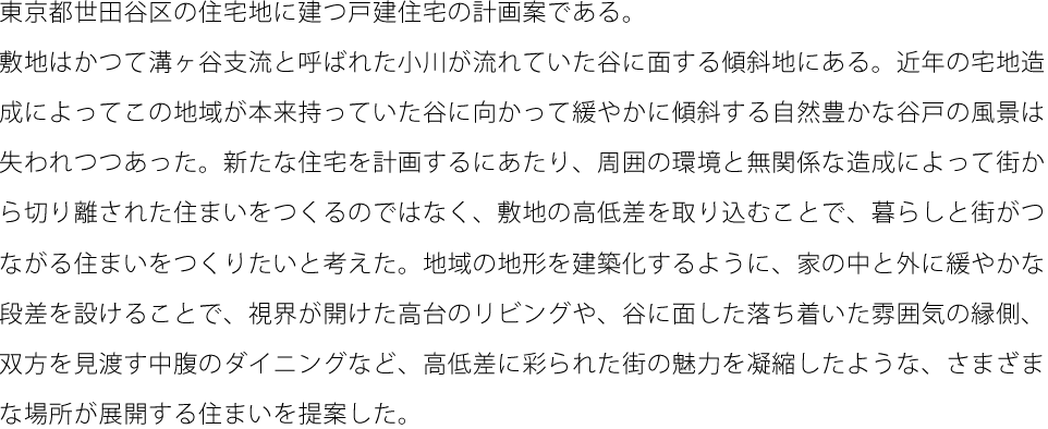 東京都世田谷区の住宅地に建つ戸建住宅の計画案である。 敷地はかつて溝ヶ谷支流と呼ばれた小川が流れていた谷に面する傾斜地にある。近年の宅地造成によってこの地域が本来持っていた谷に向かって緩やかに傾斜する自然豊かな谷戸の風景は 失われつつあった。新たな住宅を計画するにあたり、周囲の環境と無関係な造成によって街か ら切り離された住まいをつくるのではなく、敷地の高低差を取り込むことで、暮らしと街がつ ながる住まいをつくりたいと考えた。地域の地形を建築化するように、家の中と外に緩やかな 段差を設けることで、視界が開けた高台のリビングや、谷に面した落ち着いた雰囲気の縁側、双方を見渡す中腹のダイニングなど、高低差に彩られた街の魅力を凝縮したような、さまざまな場所が展開する住まいを提案した。