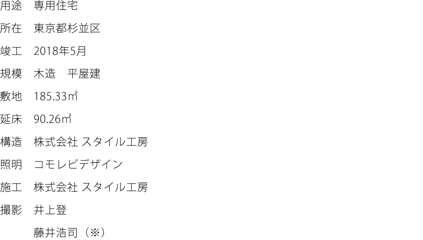 用途:専用住宅　所在:東京都杉並区　竣工:2018年5月　規模:木造　平屋建　敷地:185.33㎡　延床:90.26㎡　構造:株式会社 スタイル工房　照明:コモレビデザイン　施工:株式会社 スタイル工房　撮影:井上登、藤井浩司（※）