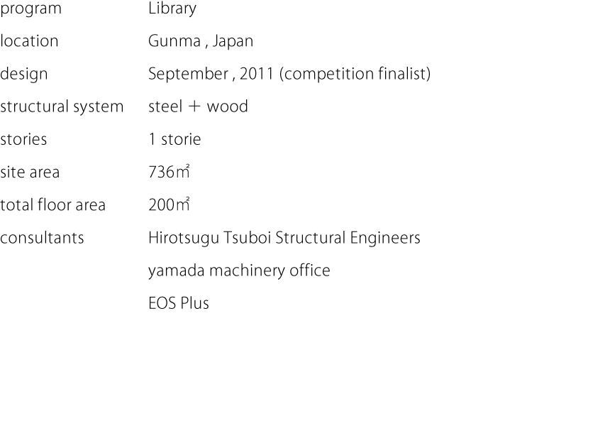 program:Library  location:Gunma,Japan  design:September,2011 (competition finalist)  structural system:steel＋wood  stories:1 storie  site area:736㎡  total floor area:200㎡  consultants:Hirotsugu Tsuboi Structural Engineers,yamada machinery office,EOS Plus